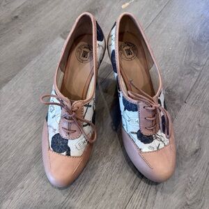 Camper Pink Leather And Coated Canvas Retro Lace Up Heels Size 37 Women’s Vtg